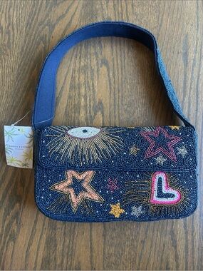 America & Beyond Beaded Navy Shoulder Bag with Star, Heart & Sun Embellishments
